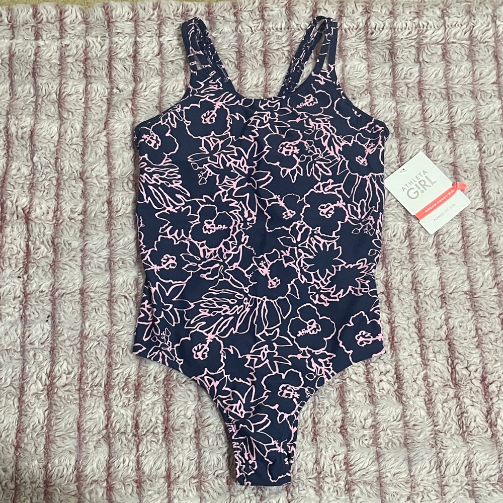 Athleta Girl Navy Blue and Pink Floral One Piece Swimsuit with Removable Pads